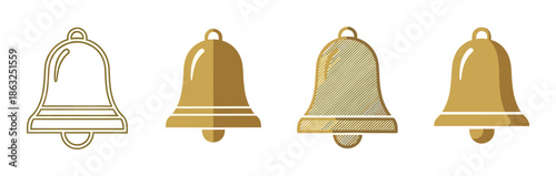 Set of four golden bell icons in various design styles including outline, solid fill, hatched texture, and simple shaded vector illustration for web or print