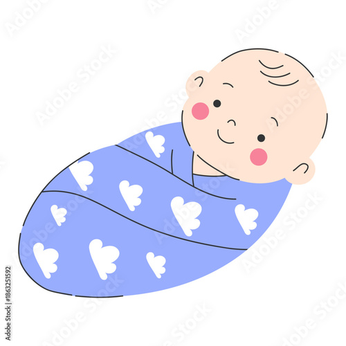 Cute newborn baby swaddled in blanket. Сute newborn baby wrapped in a soft swaddle blanket. Smiling newborn with rosy cheeks. Perfect for baby shower cards, parenting blogs, newborn announcements.