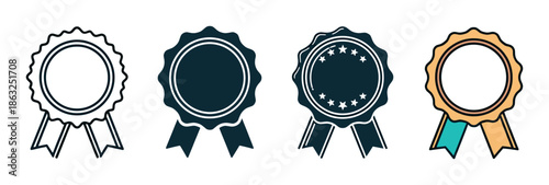 Set of four award ribbon icons showing different design styles including a simple outline, a solid silhouette, a version with stars, and a full color graphic illustration
