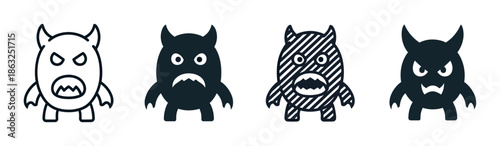 Set of four black monster icons with different expressions and styles, including outline, solid, and striped patterns, showing various emotions like anger, sadness, and fear
