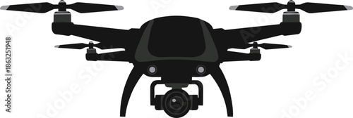 Professional quadcopter drone vector illustration with high-definition camera for aerial photography, surveillance technology, and modern remote-controlled flying device design elements.