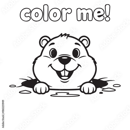 Tableau sur toile Happy little groundhog peeking from its burrow, ready for a fun coloring page ad