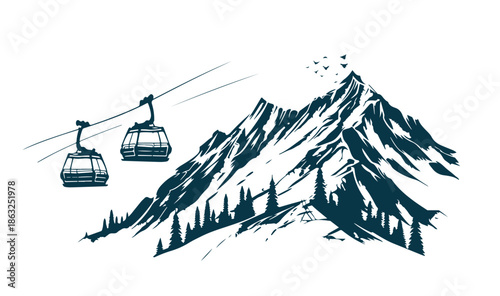 Landscape mountains. Sketch of ski resort.	
