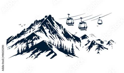 Landscape mountains. Sketch of ski resort.