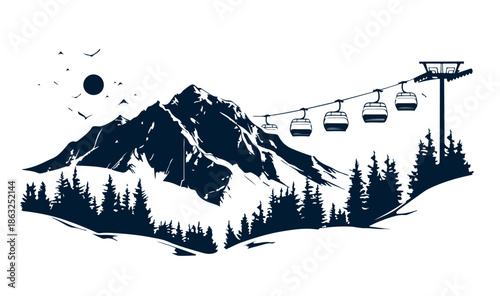 Sketch of ski resort. Landscape mountains. 
