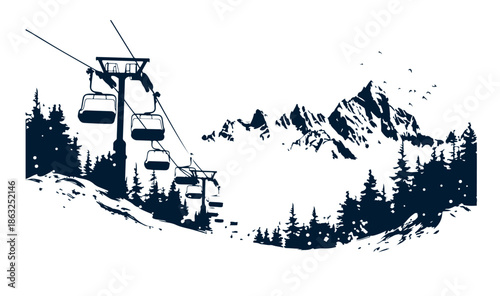 Landscape mountains. Sketch of ski resort.	
