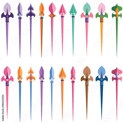Assortment of colorful decorative spearheads and arrowheads on white background weapon point