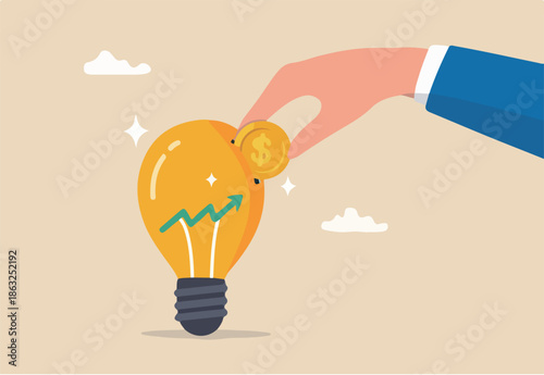 Invest in growth stock, mutual fund or growing money, savings, pension fund or increase return from stock market, economy or rising interest rate, businessman hand put coin in growth graph lightbulb