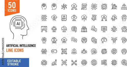 Fifty artificial intelligence line icons set featuring neural networks machine learning smart technology brain chip robotics and digital transformation editable stroke vector