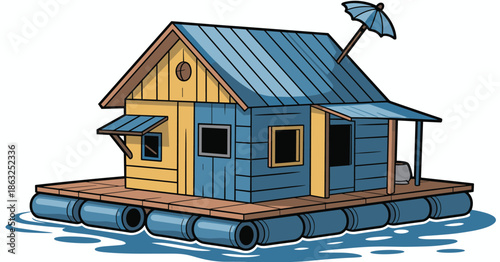 Cartoon floating house on barrels with blue roof and umbrella on water illustration shack