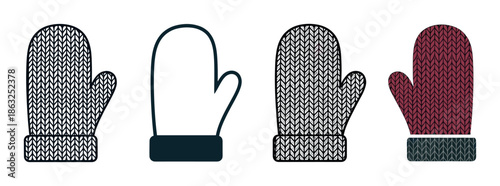 Set of four winter mittens icons showing different graphic styles including a simple outline, detailed knit patterns, and a colorful design for seasonal apparel concepts