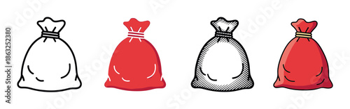 Four hand-drawn cartoon money bag illustrations in various artistic styles, including simple line art, flat red color, detailed sketch, and a full-color version