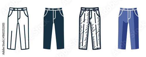 Collection of four pants icons presented in various graphic styles including a simple outline, solid silhouette, hand-drawn sketch, and a modern flat color illustration