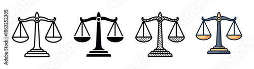 Scales of justice icon set showing four different graphic styles including outline, solid glyph, hand drawn sketch, and full color flat design for legal and law concepts