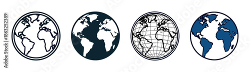 Four stylized planet Earth vector icons showing different graphic design styles including outline, silhouette, and a gridded sphere for global communication concepts