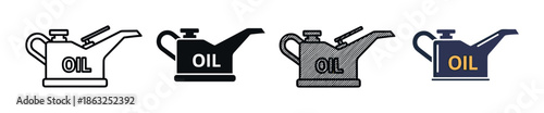 Set of four oil can icons presented in various graphic styles like outline, solid fill, hatched texture, and flat color for lubrication and mechanical service themes