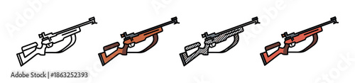 Four rifle illustrations in different graphic styles, including a clean black outline, two flat color variations, and a sketchy hand-drawn version of a sporting firearm