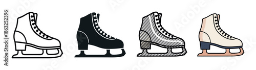 Set of four figure skate icons presented in different artistic styles including line art, a solid silhouette, hatching, and a full color version for winter sports design
