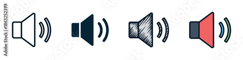 Collection of four speaker volume icons presented in different design styles such as outline, solid fill, hand-drawn doodle, and colorful line art for web or app interfaces