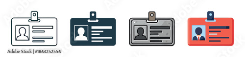Four identification badge icons in different styles, including line art, solid fill, cartoon, and flat design, showing a photo placeholder and personal data