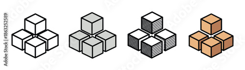 Set of four cube icons in different graphic styles including outline, filled, hatched, and color, representing concepts of modularity, data, and structural systems