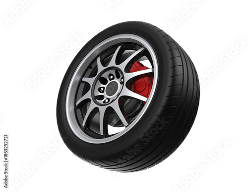 High-Performance Car Wheel Assembly Isolated: Detailed 3D Rendering of Alloy Rim, Radial Tire Tread, and Red Brake Caliper on Transparent PNG Background for Auto Design and Sport Tuning Projects.