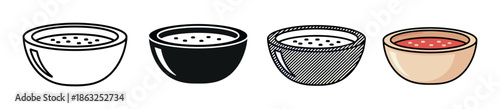 Set of four bowl of soup icons presented in various graphic design styles, including a simple outline, a solid black glyph, a hatched sketch, and a flat color illustration