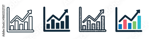Four different business growth chart icons showing a rising arrow over bar graphs, illustrated in outline, solid fill, hand-drawn sketch, and colorful flat vector styles