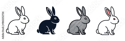 Set of four rabbit icons in different graphic styles, including simple outline, solid silhouette, hatched texture, and a version with subtle color accents