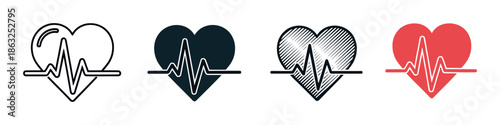 Set of four heart icons with heartbeat lines showing different graphic styles like outline, solid fill, and hatched texture for medical and health concepts