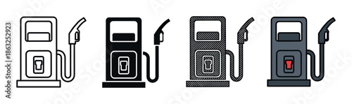 Set of four gas pump icons in different styles including a simple outline, solid silhouette, hand-drawn texture, and full color for fuel and transportation concepts