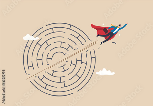 Breakthrough obstacle or problem with creativity, leadership determination to overcome difficulty and progress to success concept, businessman superhero flying breakthrough difficult maze labyrinth
