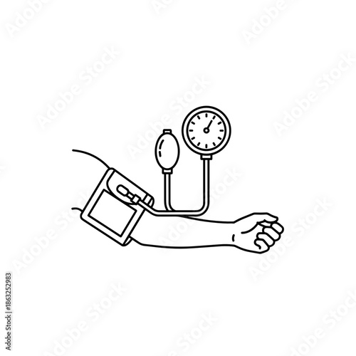 Blood pressure cuff on arm with monitoring gauge and pump  