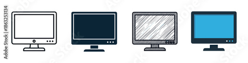Set of four computer monitor icons in various design styles including line art, solid silhouette, hand-drawn sketch, and flat color illustration for graphic design