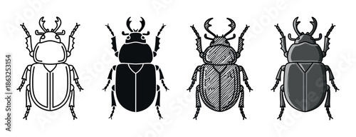 Four stag beetle illustrations in a collection of different graphic styles including line art, silhouette, hand-drawn sketch, and a simple cartoon design from a top-down view