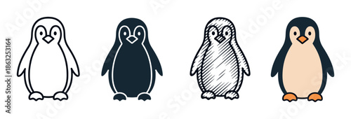 Set of four cute penguin icons showing different artistic styles including simple line art, a solid black glyph, a hand-drawn sketch, and a full color cartoon version