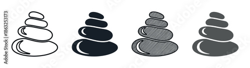 Four stacked stone pyramid icon variations in different graphic styles including outline, solid silhouette, hatched, and grey fill for concepts of balance and tranquility