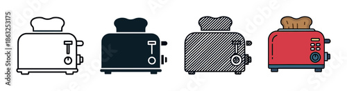 Set of four toaster icons in various design styles including simple line art, solid glyph, pattern fill, and a full color cartoon illustration for kitchen appliance concepts