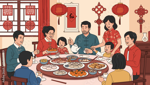 Lunar new year, of a joyful multi-generational family reunion dinner, sharing a festive meal under lanterns and traditional auspicious decorations.