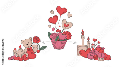 Love's Sweet Assemblage: Delicate illustrations of a charming cupcake adorned with heart-shaped balloons and floral arrangements evoke a sense of love, romance, and the sweetness of shared moments. 