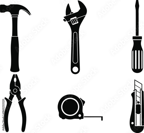 Set of 6 common hand tools silhouette hammer wrench screwdriver pliers tape measure and utility knife