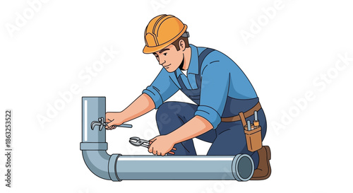 A construction worker is repairing a pipe system with tools