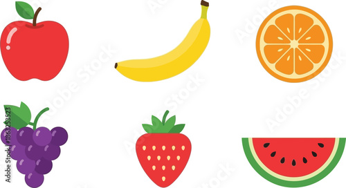 Set of 6 colorful fruit icons flat illustration apple banana orange grapes strawberry and watermelon slice