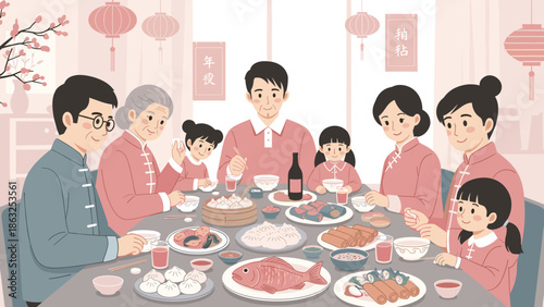 Lunar new year, of an elegant family reunion dinner in a light, pastel-red interior, featuring traditional dishes and subtle festive accents.