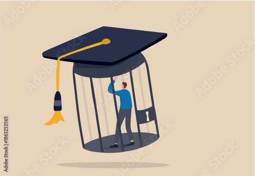 Student loan debt, money trap that graduated have to payback huge amount of money, expensive cost for education concept, depressed confused new graduated student in birdcage with graduation cap.