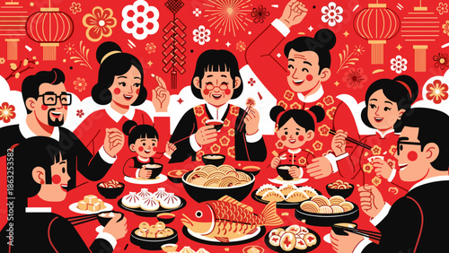 Lunar new year, of a cheerful multi-generational family reunion dinner, animated cartoon style with firecrackers and traditional decor.