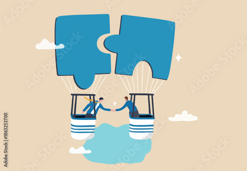 Partnership or teamwork to solve problem, agreement to success together, collaborate or cooperation, people to fit in job, jigsaw puzzle concept, businessman handshake on connect jigsaw balloon