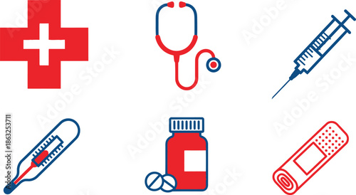 Set of 6 medical icons flat vector first aid cross stethoscope syringe thermometer pill bottle and bandage