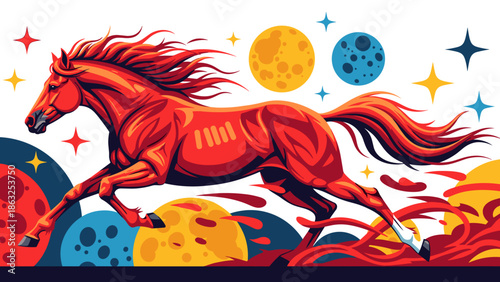 Dynamic Red Horse Running Through Vibrant Cosmic Landscape for Lunar New Year