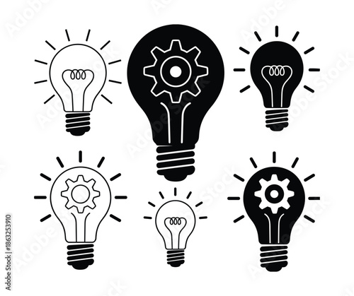 Set of light bulb icons with gears and filament on white background idea innovation